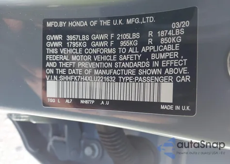 2020 Honda Civic Sport z USA, uszkodzony, nr VIN SHHFK7H4XLU221632